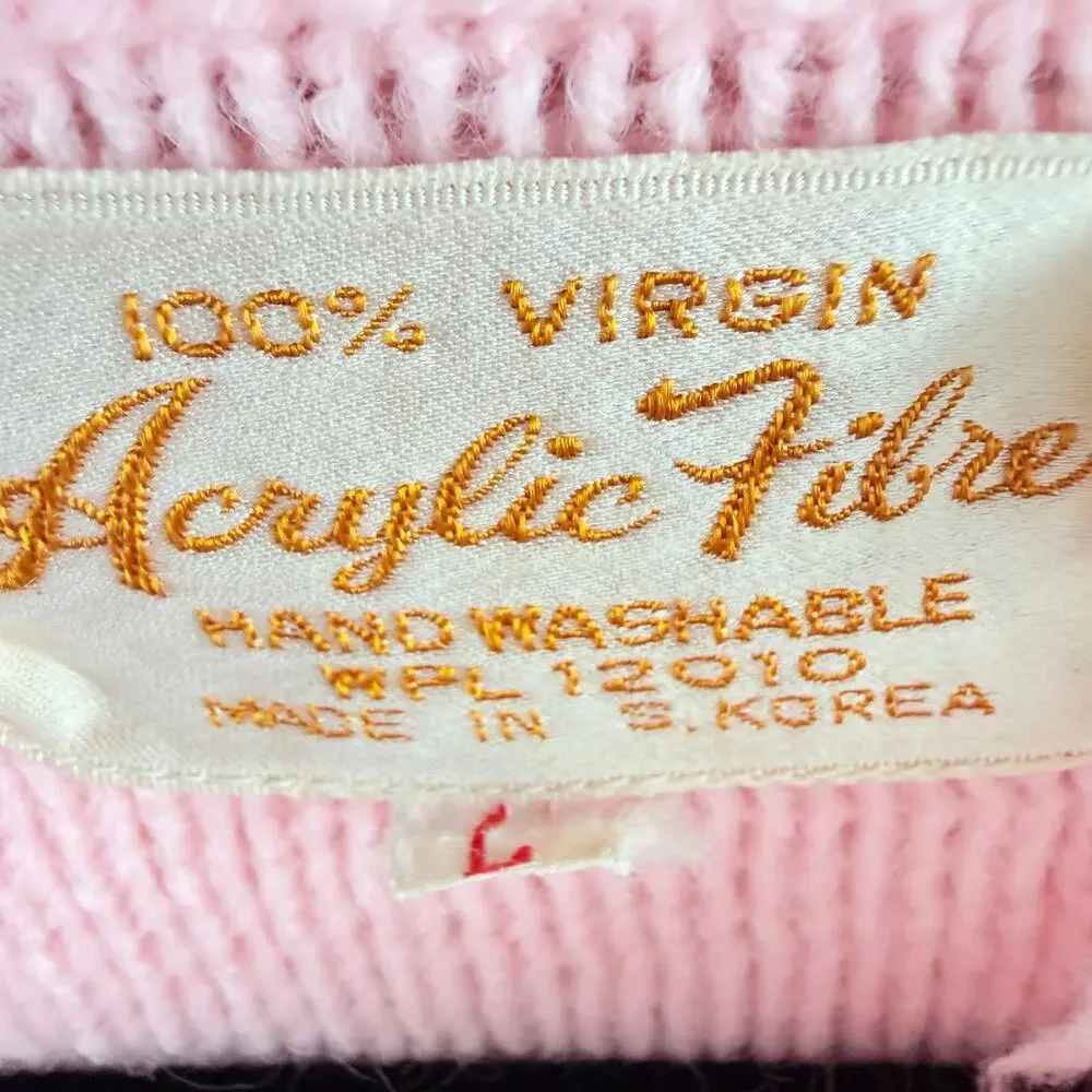 Vtg 80s Sweater Pink Textured Knit Green Pom Coquette Granny Cottagecore Women L - Picture 7 of 10